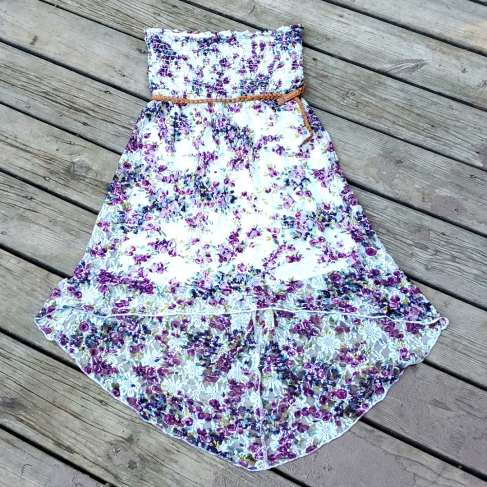 💥 Strapless Dress Lace Purple Flowers White Slip Lace Flowy sz M